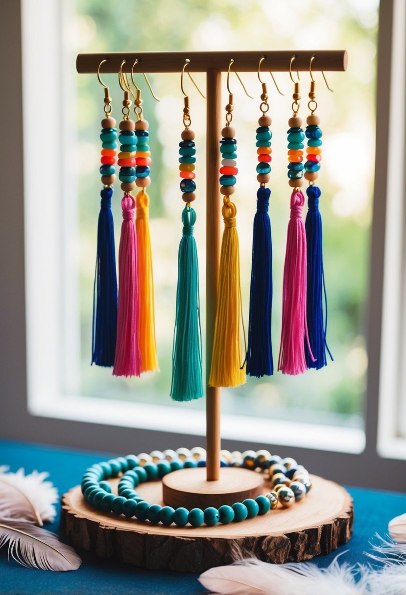 Colorful tassel earrings hanging on a wooden display, surrounded by beads and feathers, with soft natural light streaming in from a window