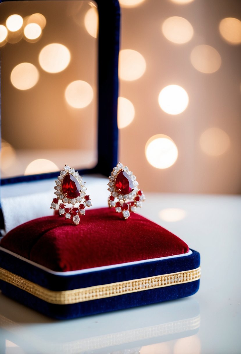 A red wedding earring displayed on a velvet cushion under soft lighting