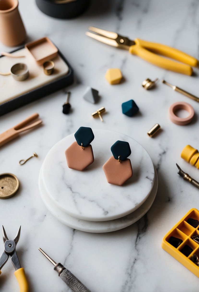 A pair of geometric clay earrings displayed on a white marble surface, surrounded by small tools and materials for crafting