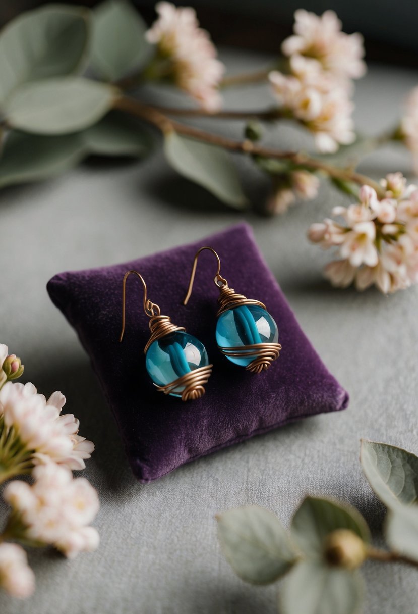 A pair of Czech glass and bronze wire wrap earrings displayed on a velvet cushion, surrounded by delicate floral accents and soft natural lighting