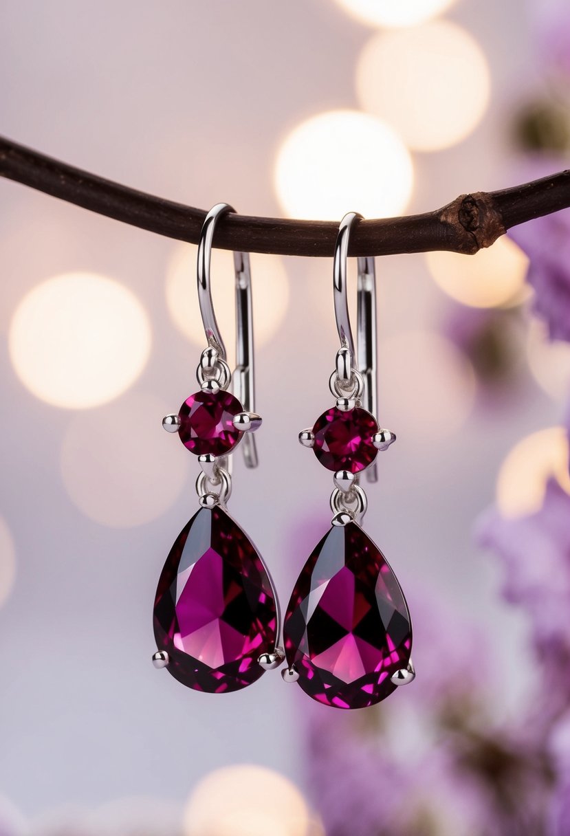 A close-up of ruby crystal drop earrings against a soft, romantic background, evoking elegance and sophistication