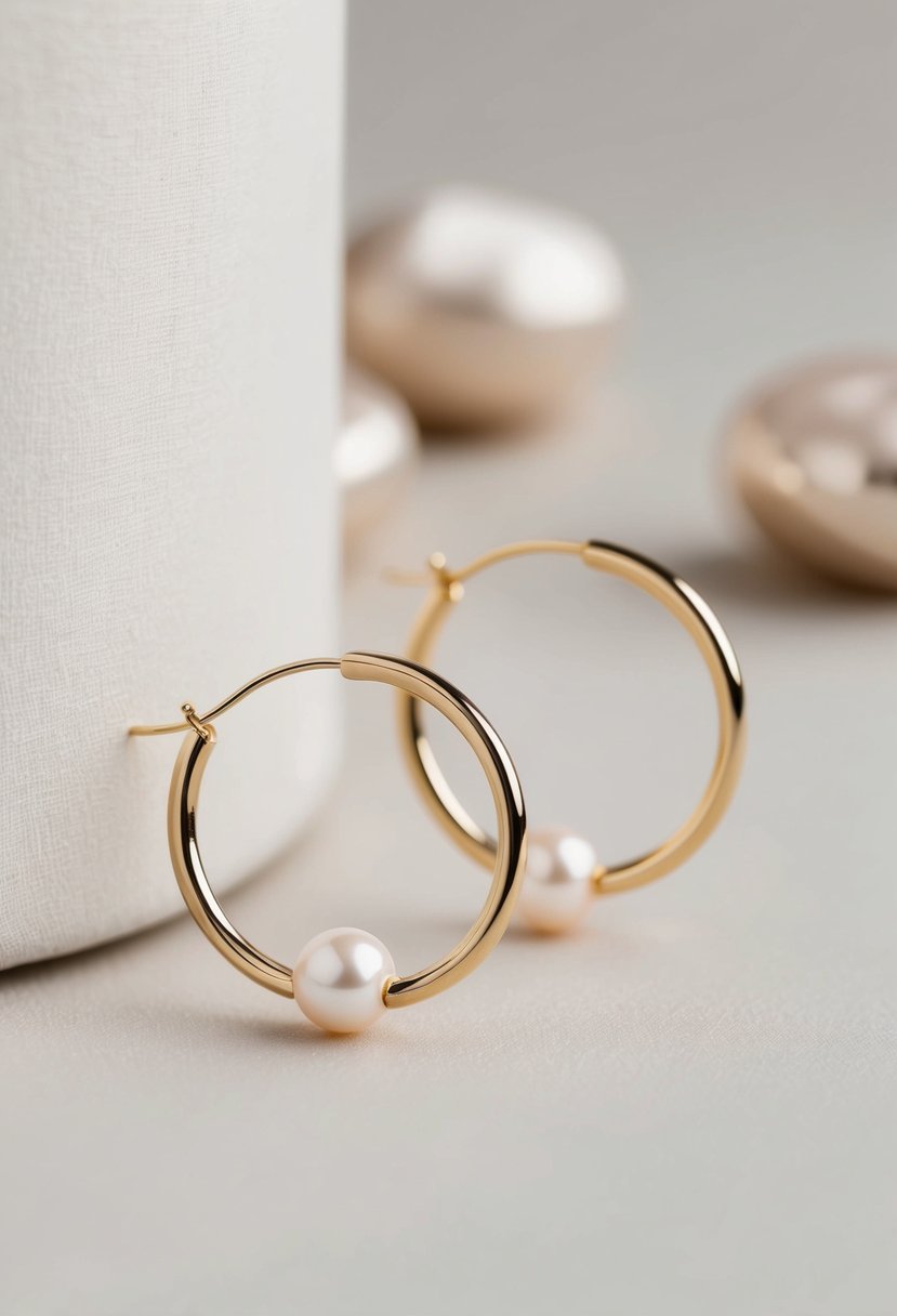 A pair of minimalist gold hoop earrings with delicate pearls, set against a soft, neutral background, evoking a sense of elegance and sophistication