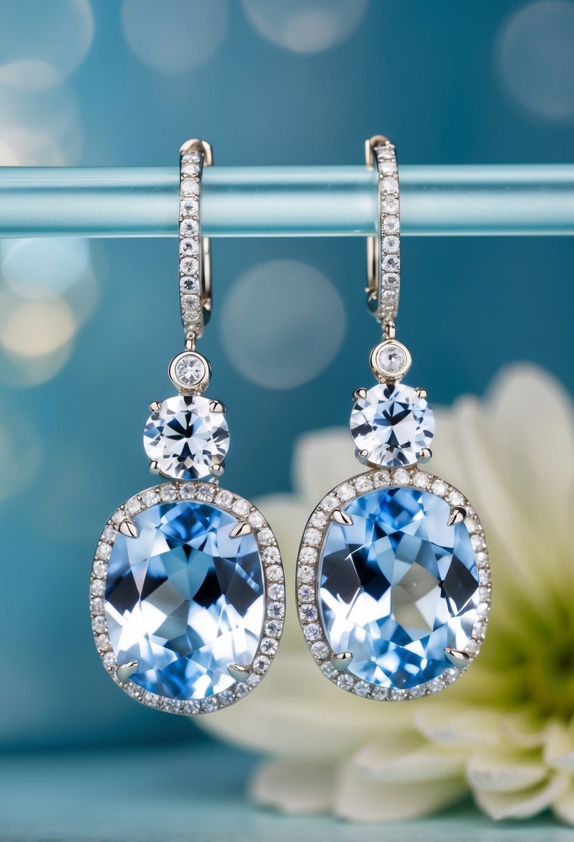 A sparkling pair of light sapphire chandelier earrings dangle delicately against a backdrop of soft blue hues, evoking a sense of elegance and sophistication