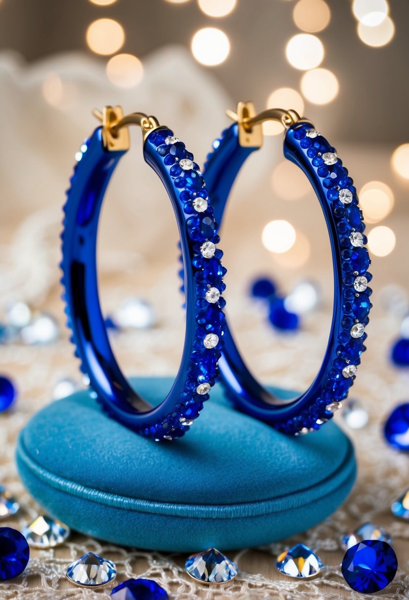 A pair of royal blue hoop earrings displayed on a velvet cushion, surrounded by sparkling crystals and delicate lace