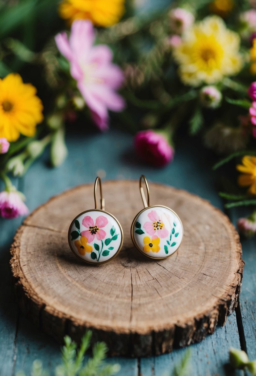 A pair of delicate, hand-painted floral earrings displayed on a rustic wooden table, surrounded by colorful blooms and greenery