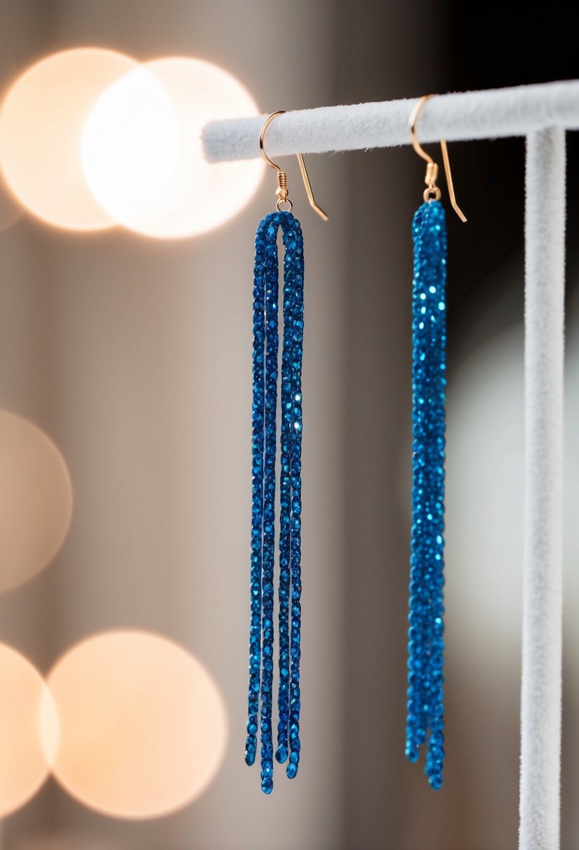 Two cobalt blue threader earrings hanging from a delicate display stand, with soft lighting to highlight their shimmering color