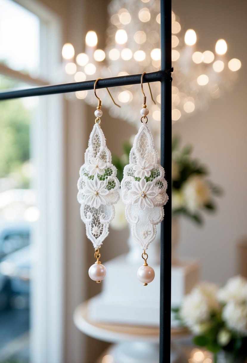 A delicate lace and pearl earring dangles from a display, catching the light in a bridal boutique