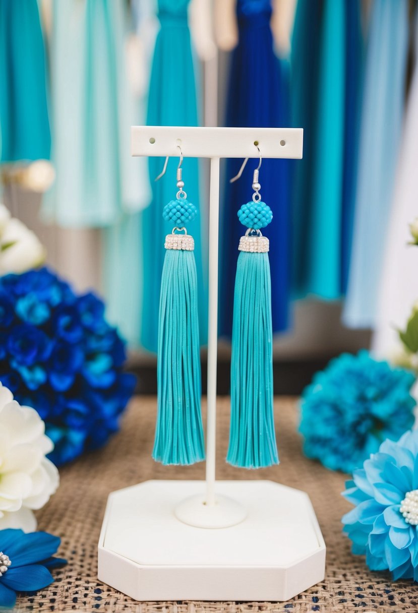 A pair of turquoise tassel earrings hanging from a display, surrounded by various shades of blue wedding decor