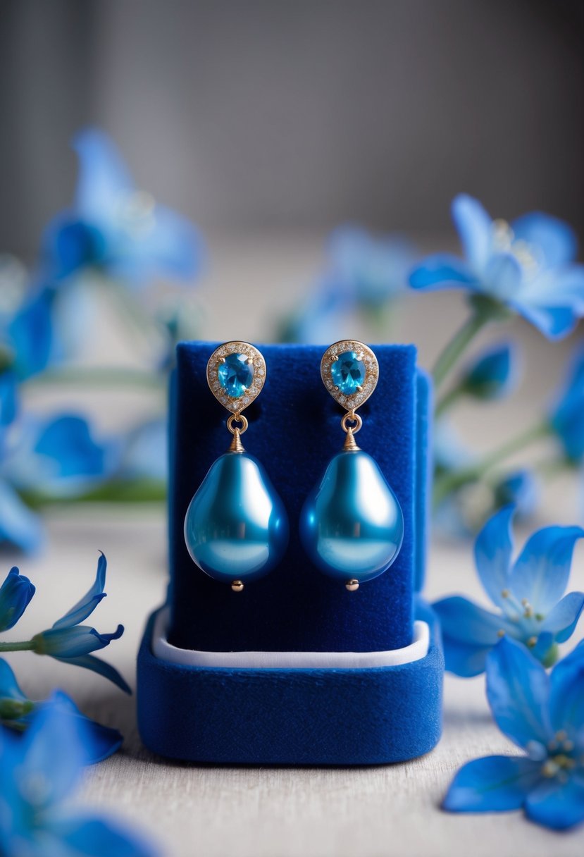 A pair of cerulean blue pearl drop earrings displayed on a velvet cushion, surrounded by delicate blue flowers and shimmering in soft light