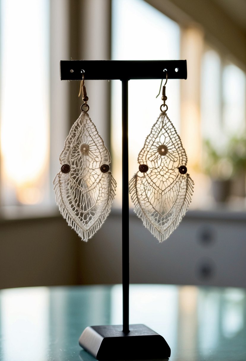 A delicate pair of repurposed vintage lace earrings dangle from a display stand, catching the soft light of a sunlit room