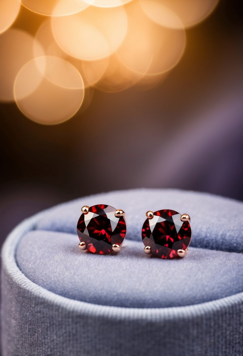 A close-up of red garnet stud earrings on a velvet cushion, with soft lighting to highlight their sparkle