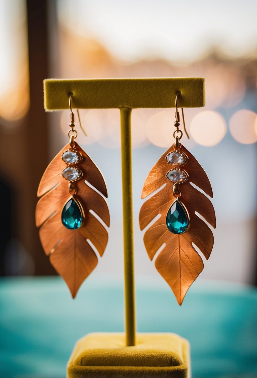 A pair of copper leaf and gemstone earrings displayed on a velvet jewelry stand, with soft lighting casting a warm glow on the intricate details