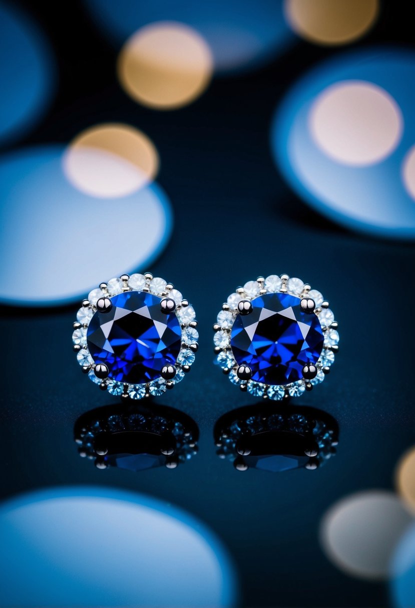 Two midnight blue crystal studs shining against a dark background, elegant and perfect for a blue-themed wedding