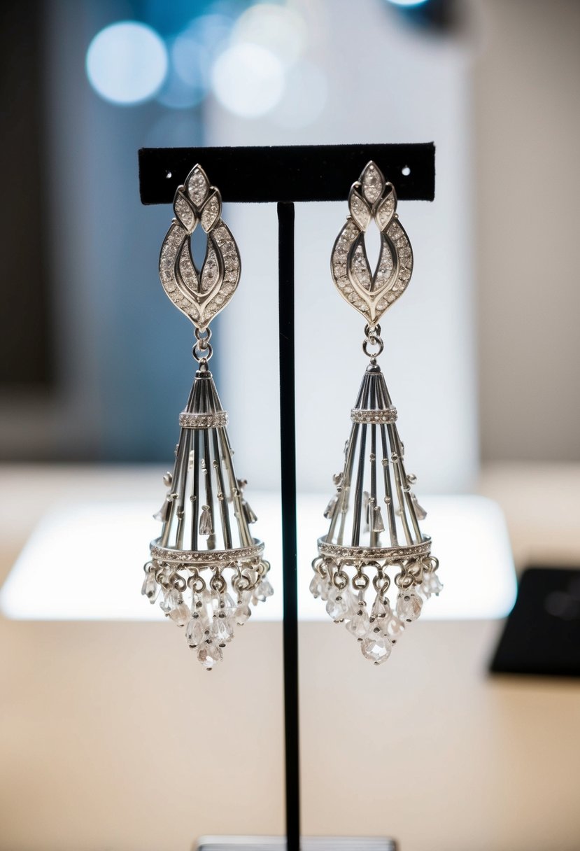 A pair of silver-plated chandelier earrings hanging from a display stand, catching the light and casting delicate shadows