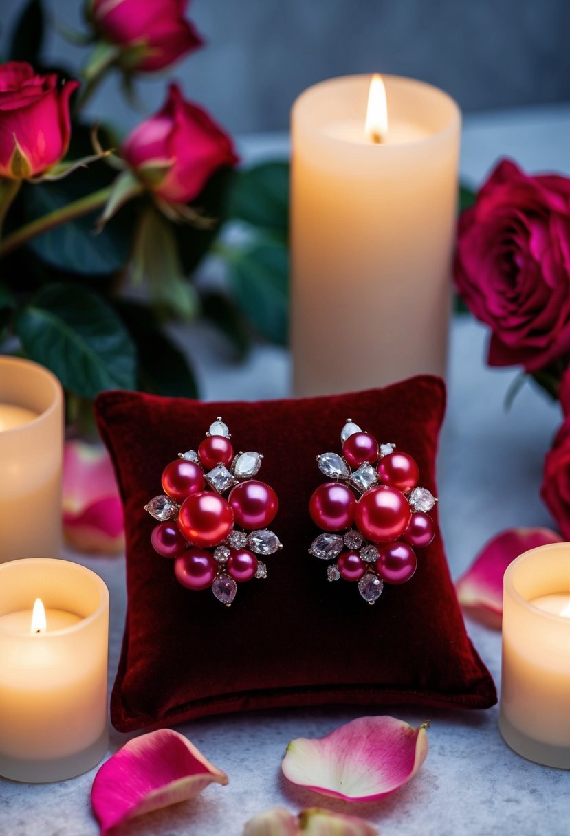 A pair of red pearl floral earrings displayed on a velvet cushion, surrounded by delicate rose petals and soft candlelight