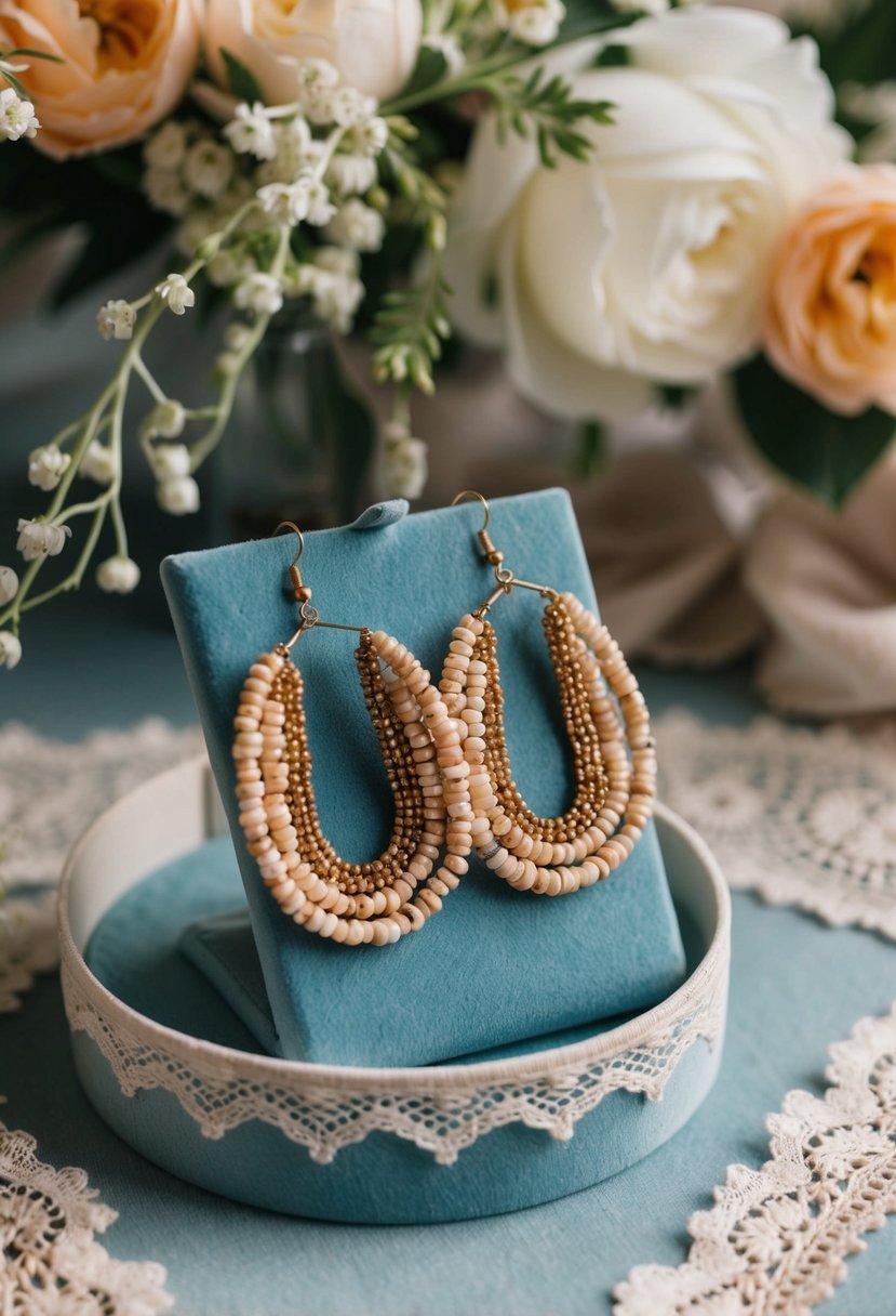 A close-up of beaded statement earrings on a velvet display, surrounded by delicate lace and floral details