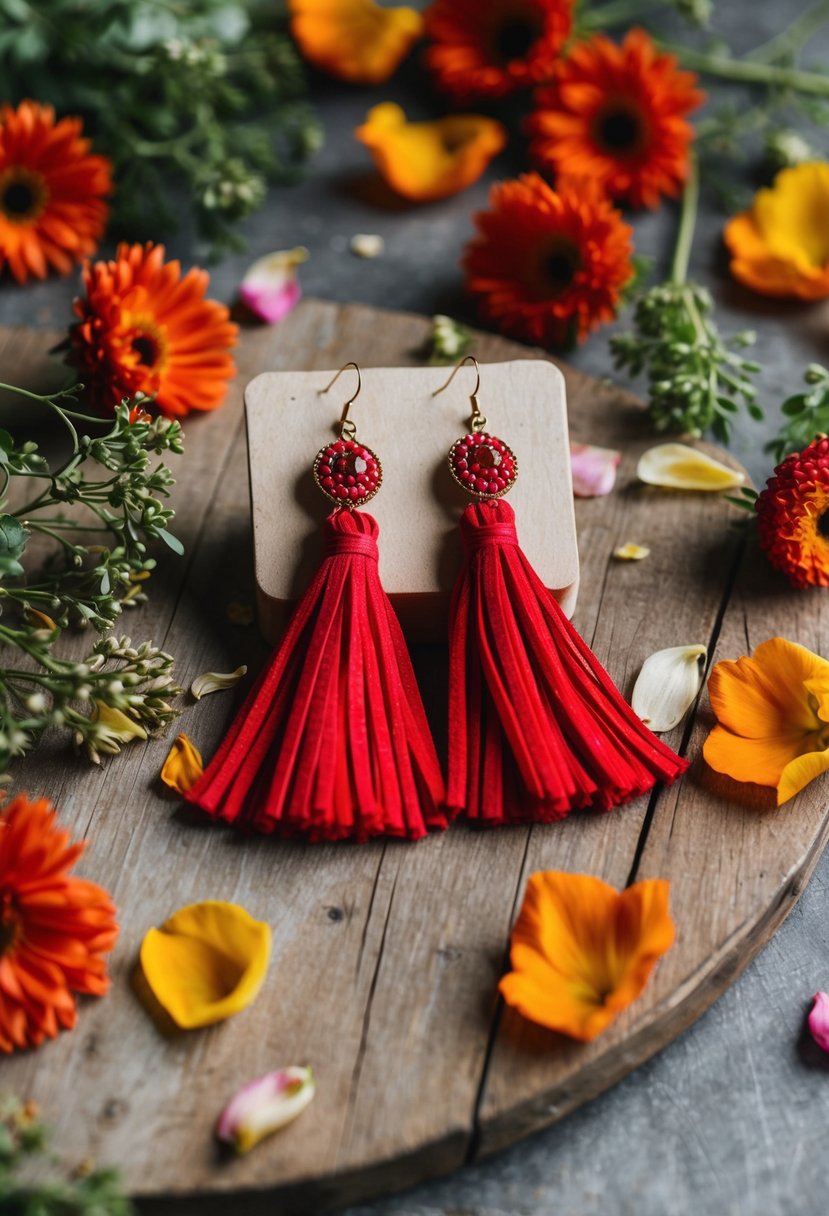 A bohemian-inspired table with vibrant red tassel earrings arranged on a rustic wooden surface, surrounded by scattered flower petals and greenery