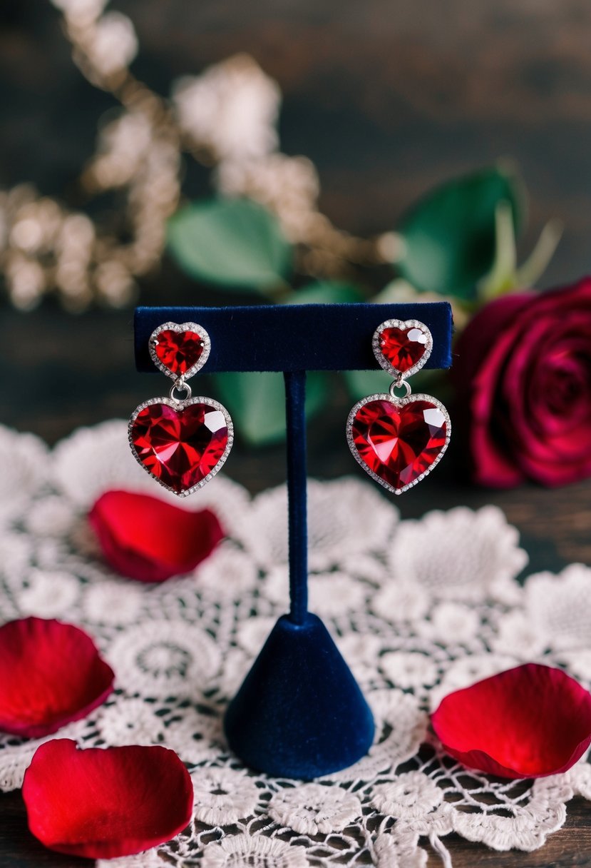 A pair of Swarovski red heart earrings displayed on a velvet jewelry stand, surrounded by delicate lace and red rose petals