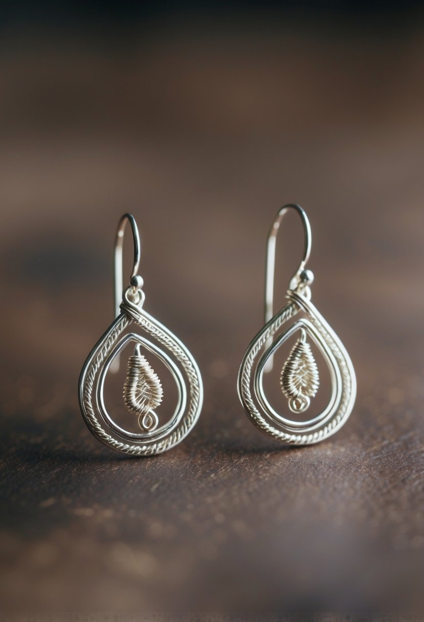 A delicate pair of wire earrings with intricate designs, perfect for a wedding