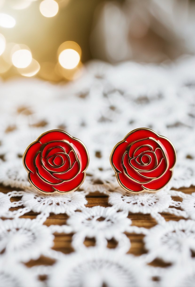 Two red enamel rose studs on a white lace background