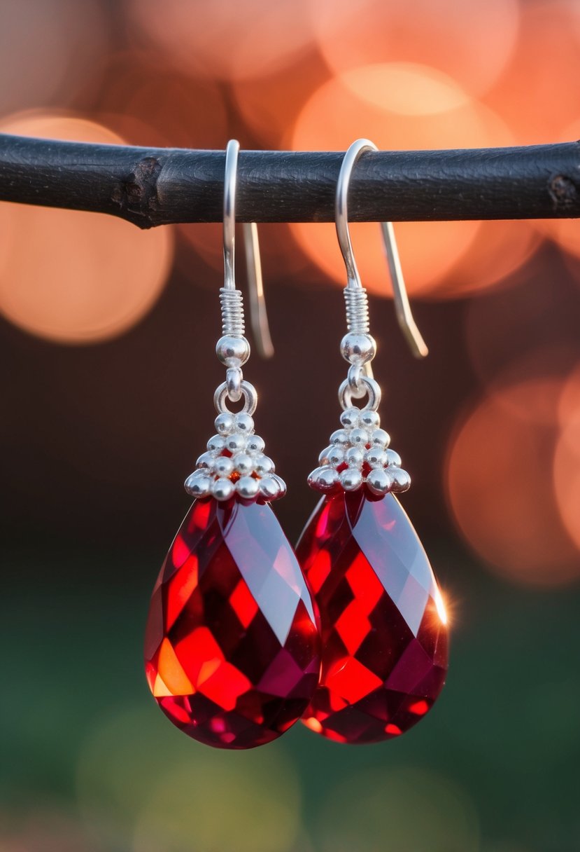 A pair of cranberry teardrop earrings suspended from a delicate silver hook, catching the light and casting a warm, red glow