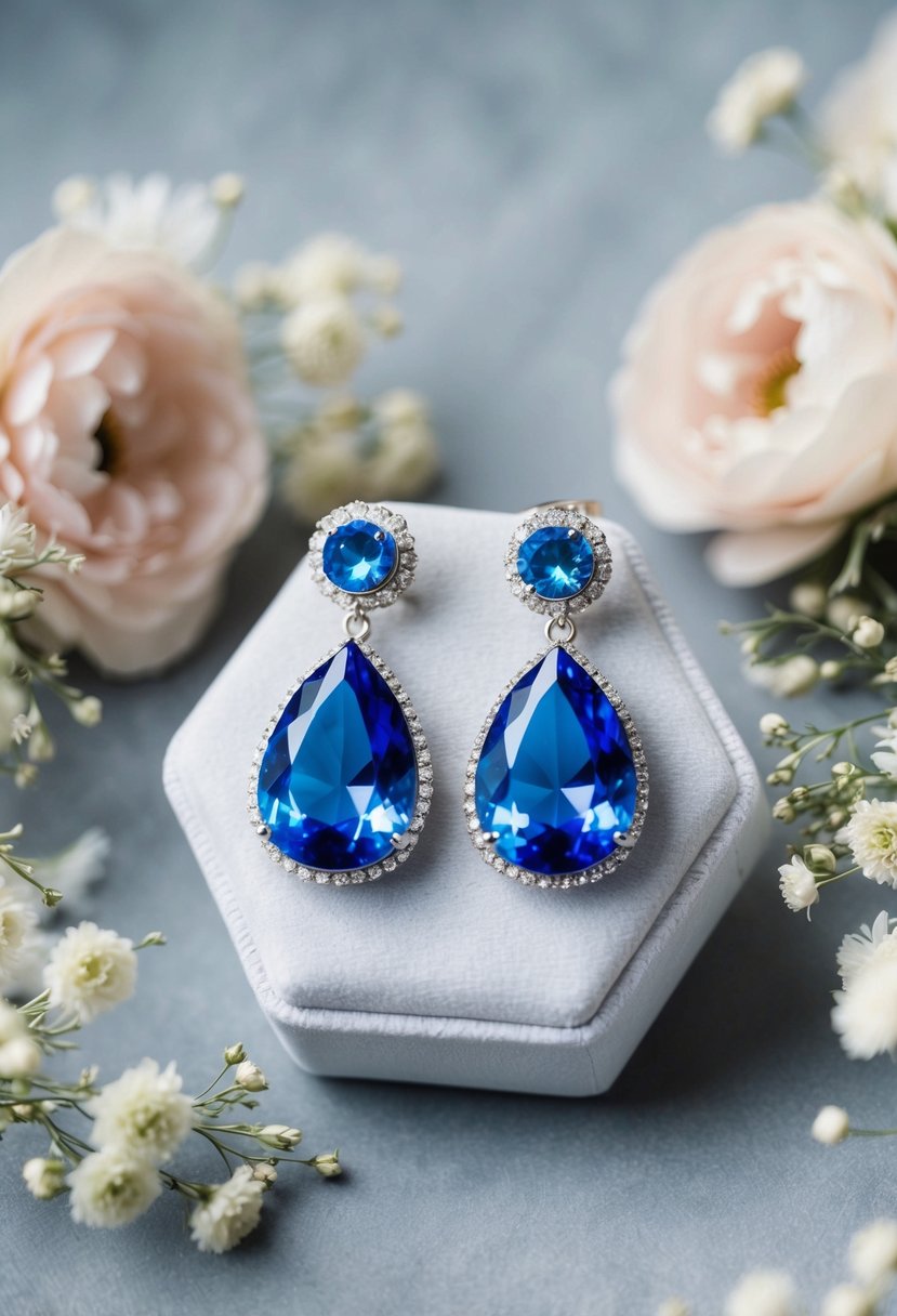 A sparkling pair of azure blue drop earrings displayed on a white velvet cushion, surrounded by delicate floral arrangements