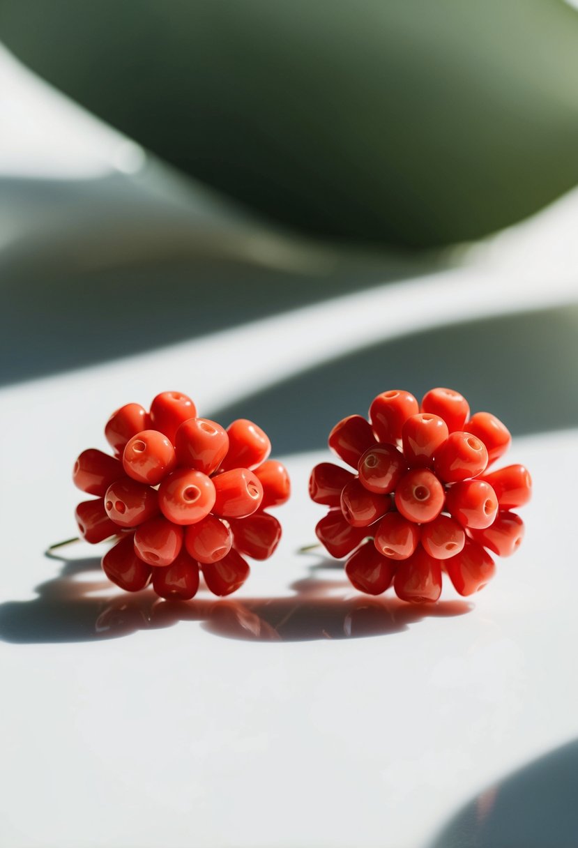 A close-up of red coral cluster earrings against a white background, with soft lighting to highlight their intricate details