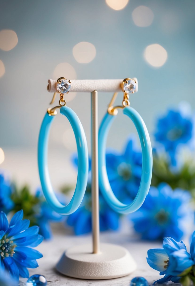 Two sky blue hoop earrings dangling from a jewelry stand, surrounded by delicate blue flowers and sparkling crystals