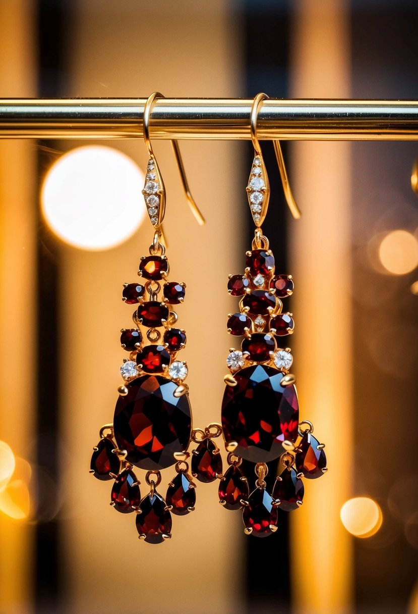 A pair of vintage garnet chandelier earrings hanging from a display, with warm lighting casting a romantic glow