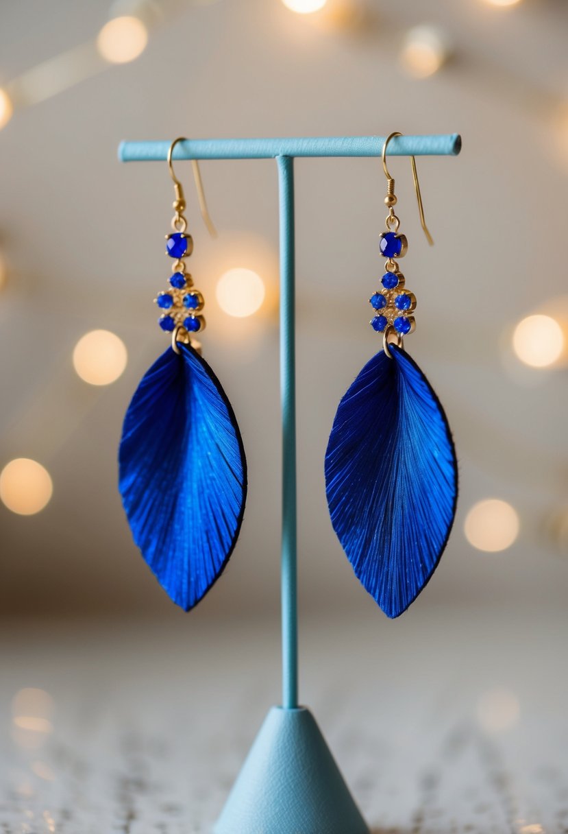 A pair of indigo blue statement earrings hanging from a delicate earring stand, with soft lighting highlighting their intricate details