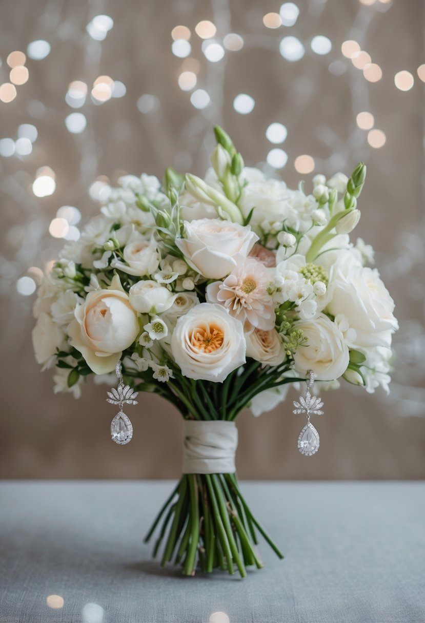 A bouquet of delicate flowers intertwined with elegant earrings