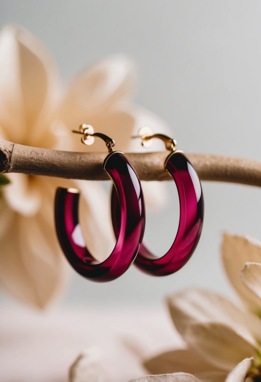 A close-up of cherry quartz hoop earrings against a soft, romantic backdrop, evoking a sense of elegance and sophistication