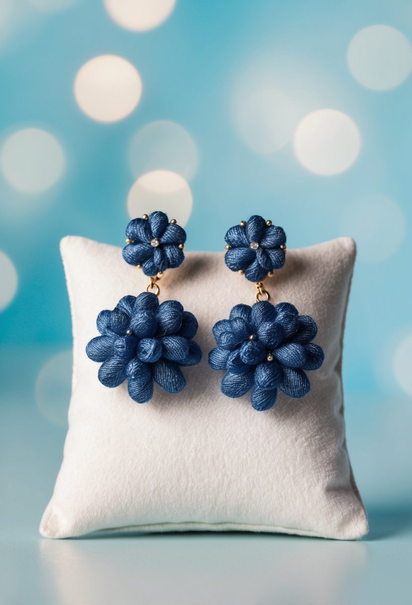 A pair of denim blue cluster earrings displayed on a white velvet cushion against a soft blue background