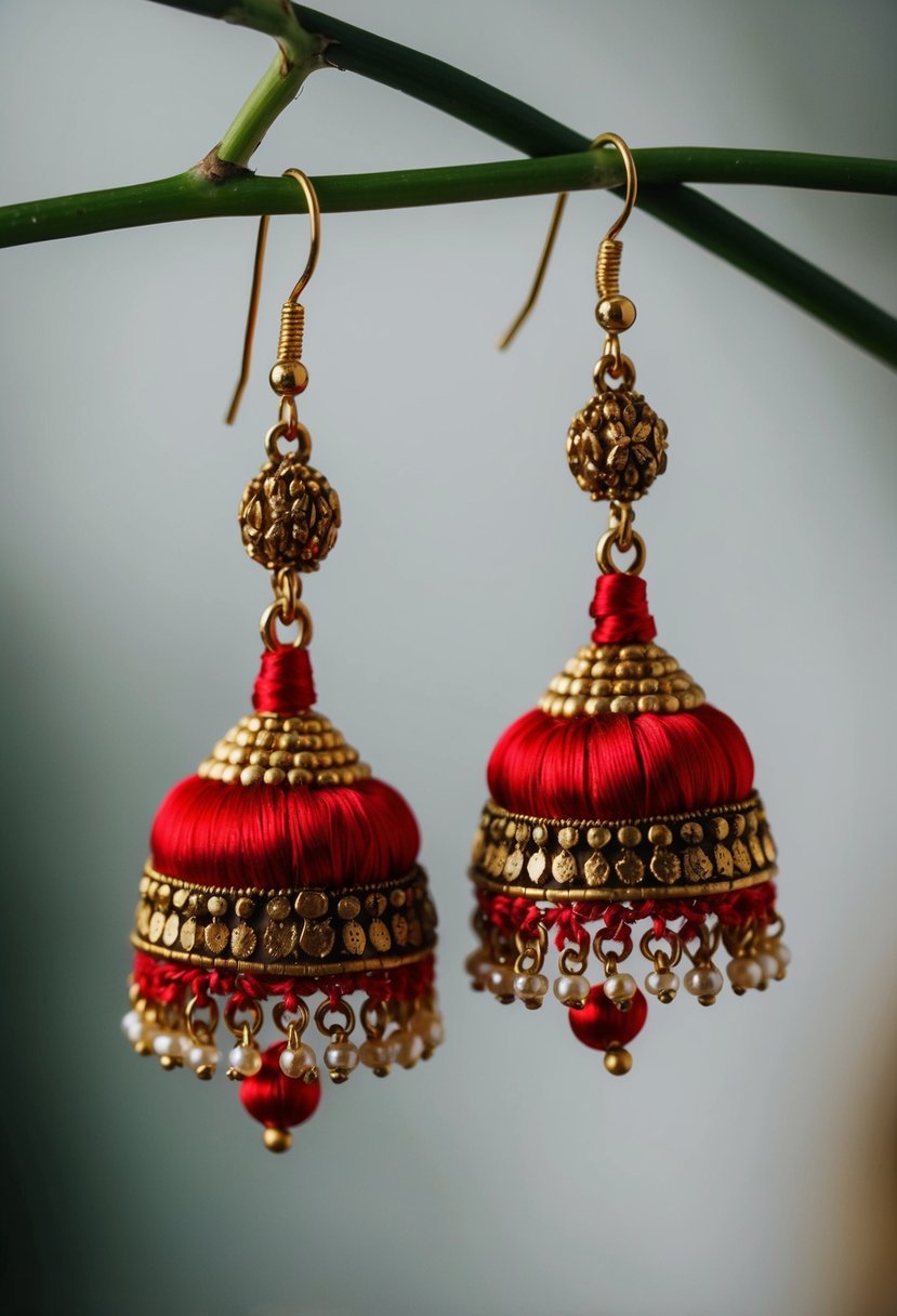 A pair of vibrant red silk thread jhumkas hanging from a golden earring hook, adorned with intricate designs and small beads