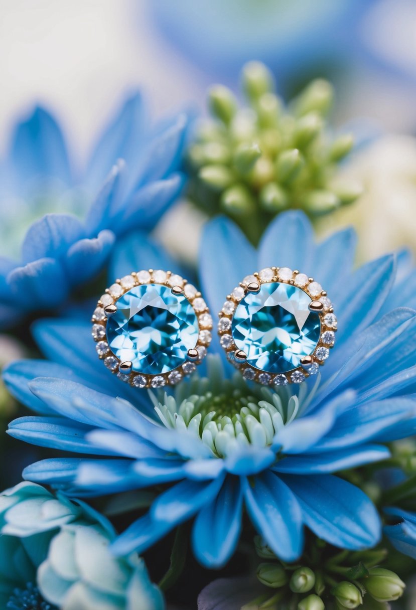 Two seafoam blue gemstone studs nestled on a bed of delicate blue wedding flowers