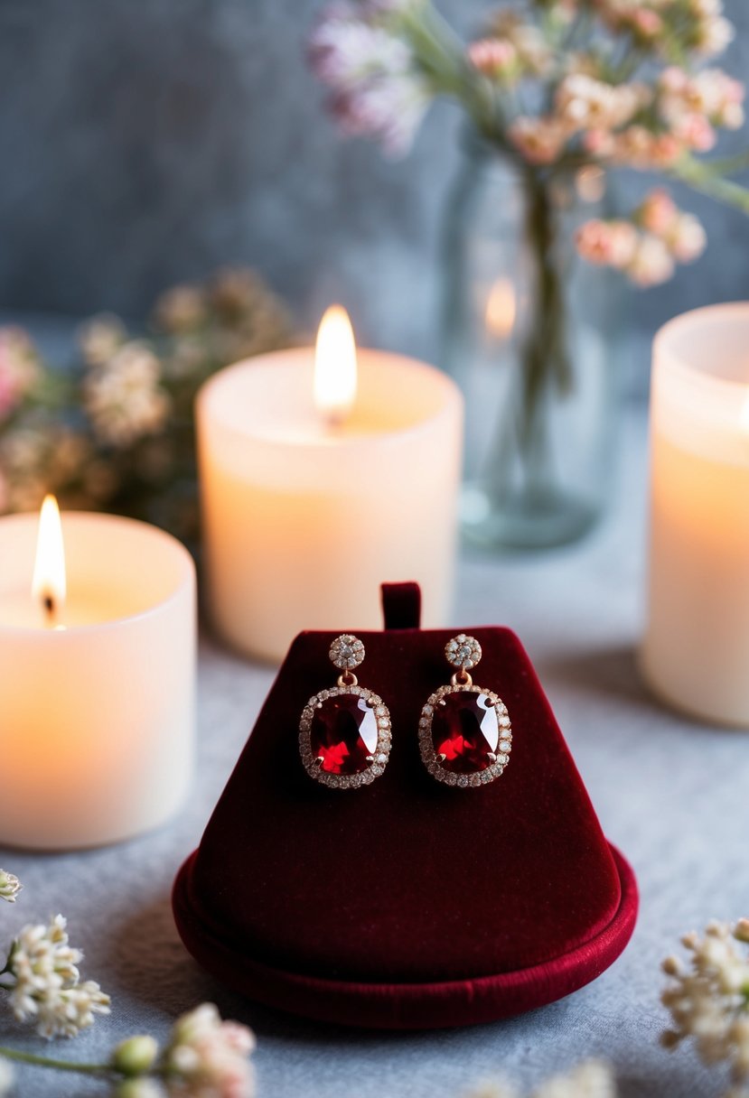 A pair of rose gold red crystal earrings displayed on a velvet cushion, surrounded by soft candlelight and delicate floral accents