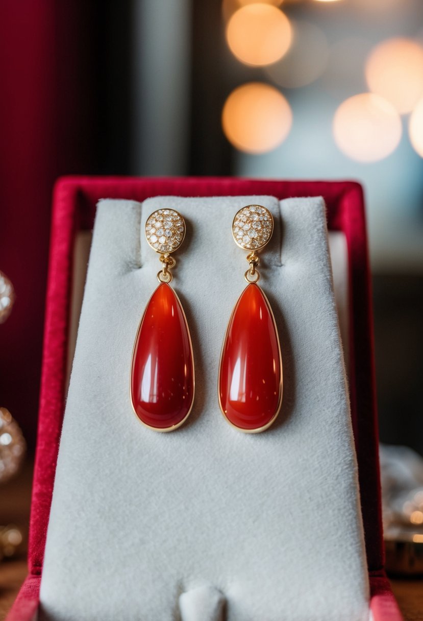 A pair of red carnelian dangle earrings on a velvet jewelry display