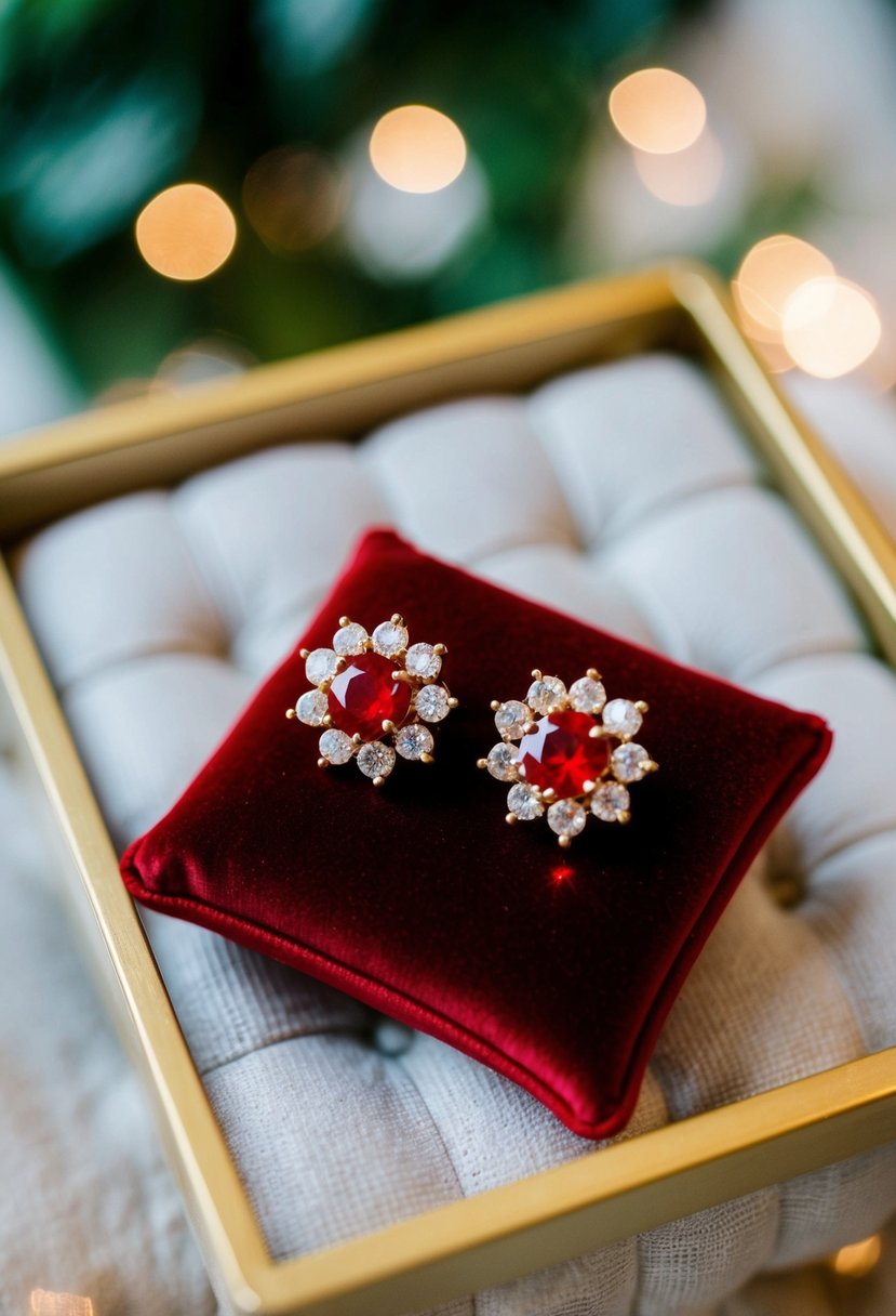 Two red and gold bridal studs arranged on a velvet cushion