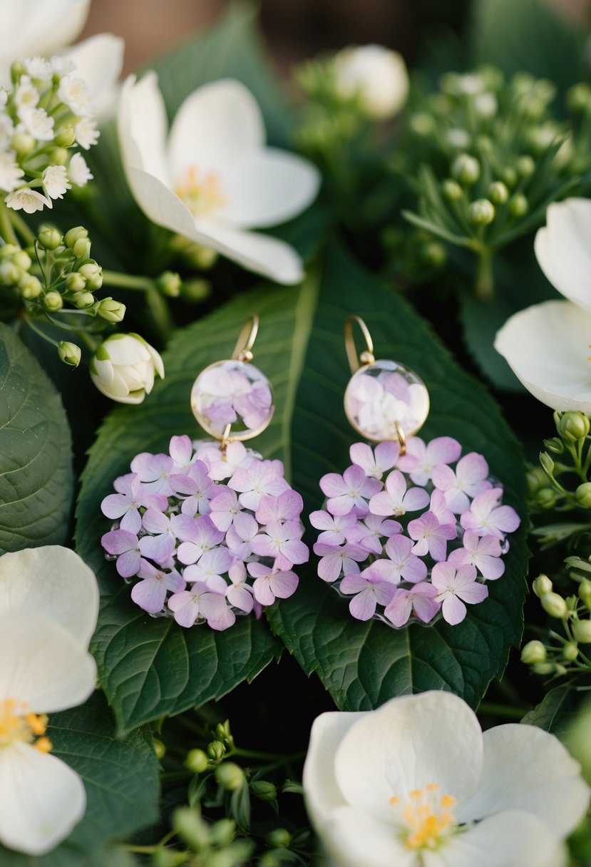 A delicate pair of hydrangea resin-coated earrings, nestled among fresh blossoms and greenery, evoking a romantic and whimsical wedding ambiance