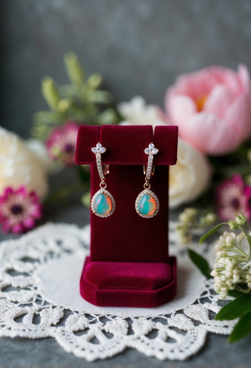 A pair of red opal pendant earrings displayed on a velvet jewelry stand, surrounded by delicate lace and floral accents