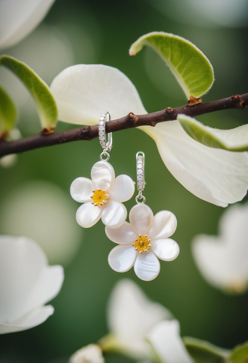 Delicate Mother-of-Pearl flower earrings hang from a branch, surrounded by soft petals and leaves, suggesting a romantic wedding atmosphere