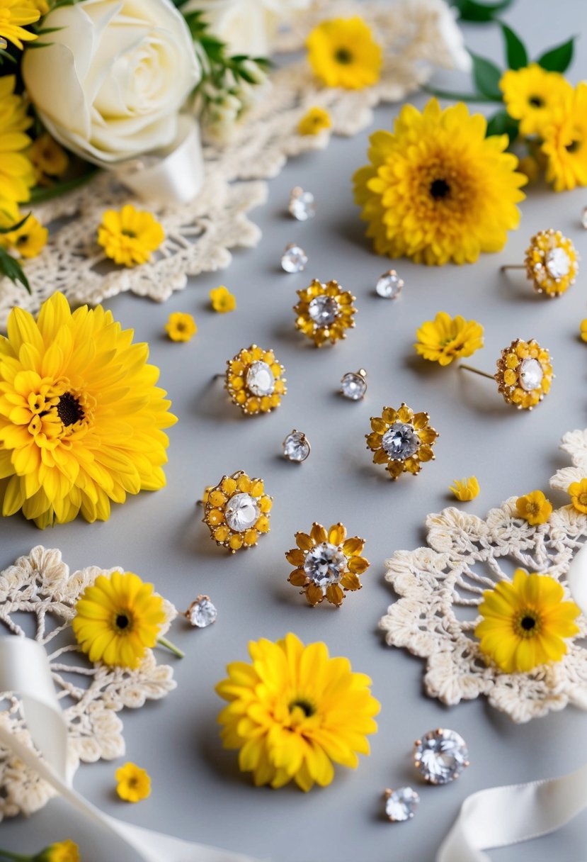 A table scattered with yellow floral and gemstone wedding earring designs, surrounded by delicate lace and ribbon accents