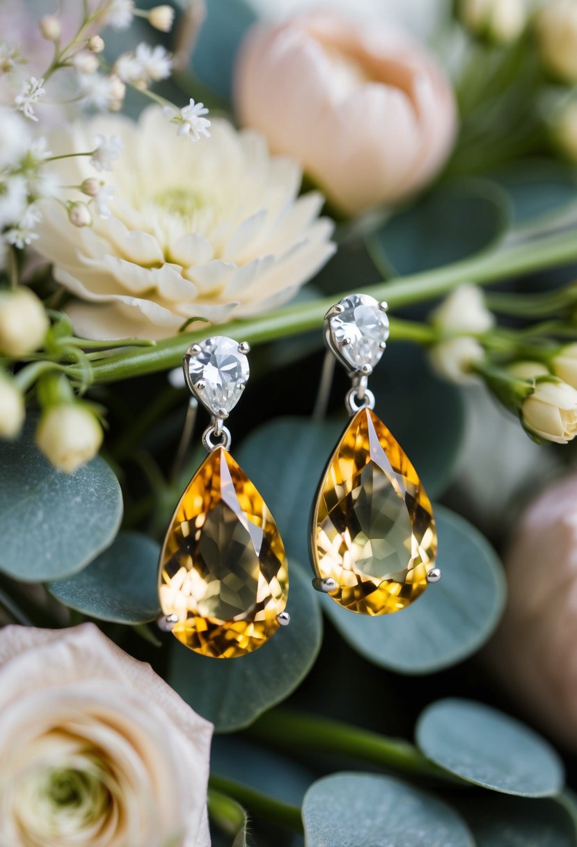 A pair of citrine teardrop earrings shimmering under soft lighting, surrounded by delicate floral arrangements and wedding decor