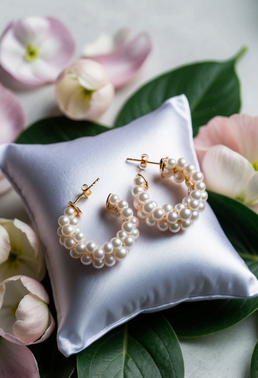 A delicate pair of pearl flower hoop earrings displayed on a white satin pillow, surrounded by soft pastel petals and green foliage