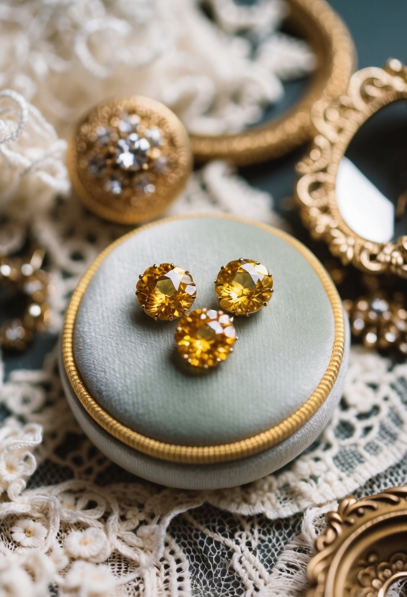 A close-up of vintage yellow sapphire studs on a velvet cushion, surrounded by delicate lace and antique gold details