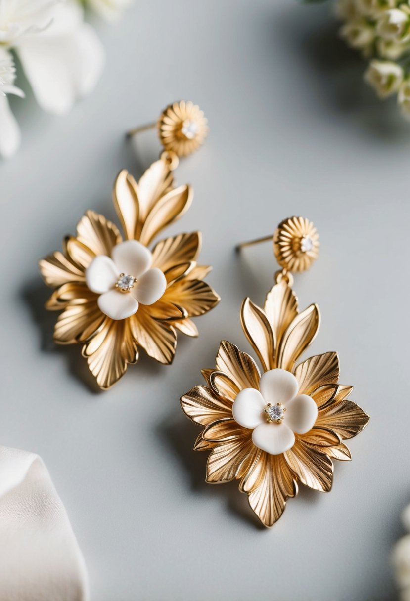 A pair of elegant gold floral drop earrings, featuring intricate details and delicate petals, perfect for a wedding