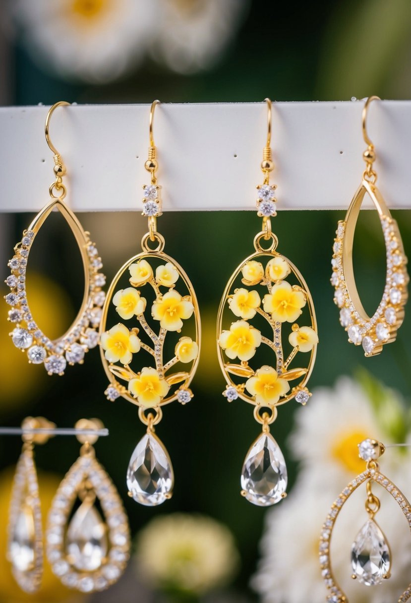 A pair of floral yellow quartz danglers hanging from a display, surrounded by other wedding earring ideas