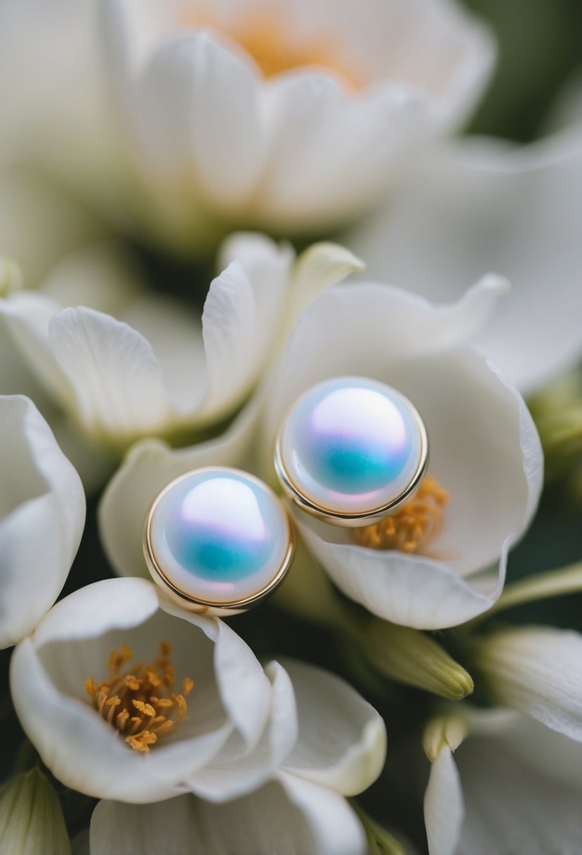 A pair of iridescent white bridal studs nestled among delicate flower petals, inspiring wedding earring ideas