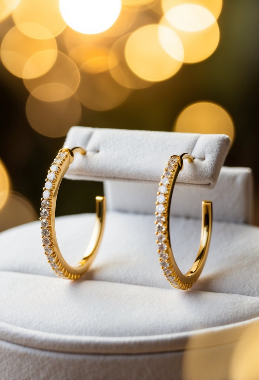 A pair of yellow diamond hoops displayed on a white velvet cushion, surrounded by soft golden light