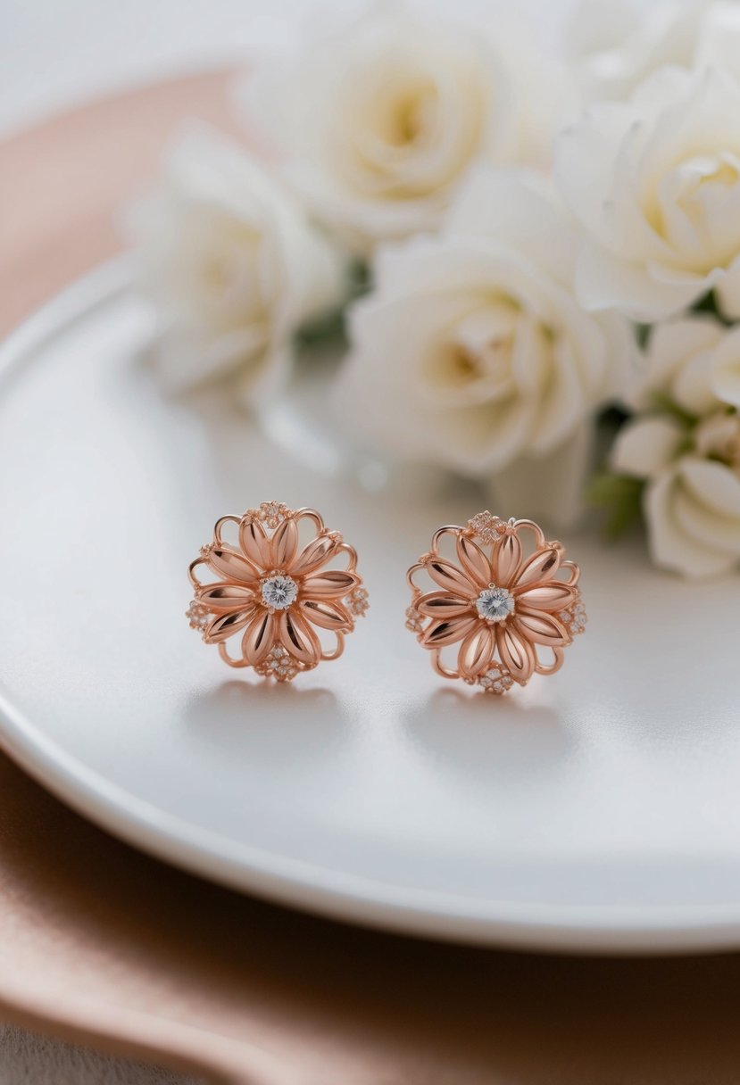 A pair of delicate rose gold bridal earrings adorned with intricate flower designs, perfect for a wedding day